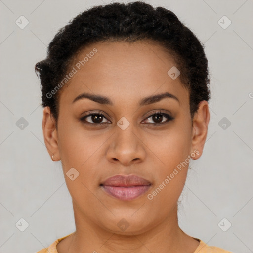 Joyful latino young-adult female with short  brown hair and brown eyes