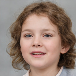 Joyful white child female with medium  brown hair and blue eyes