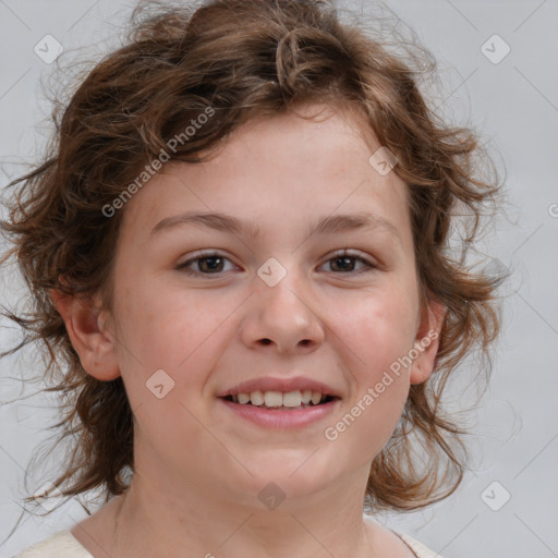 Joyful white child female with medium  brown hair and brown eyes