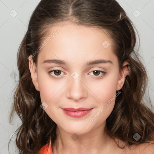 Joyful white child female with medium  brown hair and brown eyes