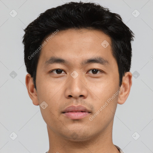 Neutral asian young-adult male with short  black hair and brown eyes