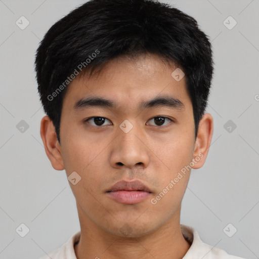 Neutral asian young-adult male with short  black hair and brown eyes