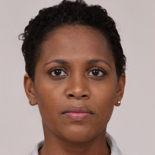 Neutral black young-adult female with short  brown hair and brown eyes