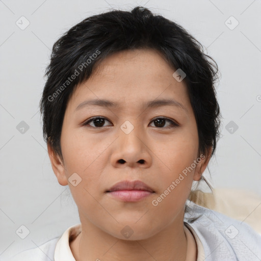 Neutral asian young-adult female with short  brown hair and brown eyes