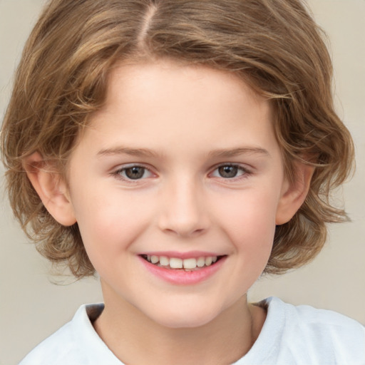 Joyful white child female with medium  brown hair and brown eyes