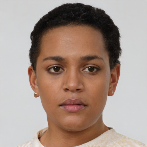 Neutral black young-adult female with short  brown hair and brown eyes