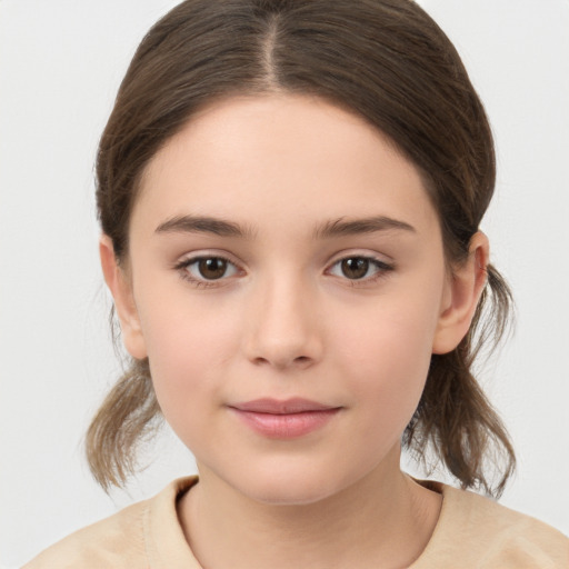 Joyful white child female with medium  brown hair and brown eyes