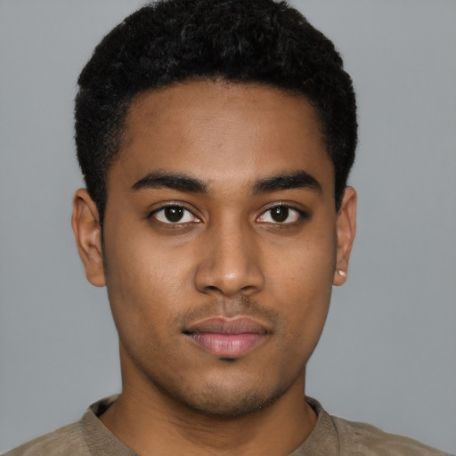 Neutral black young-adult male with short  black hair and brown eyes