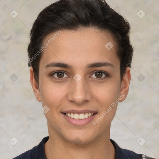 Joyful white young-adult female with short  brown hair and brown eyes