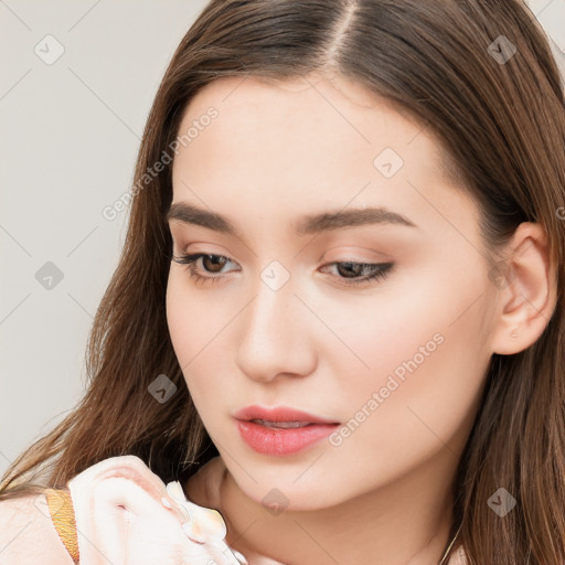 Neutral white young-adult female with long  brown hair and brown eyes