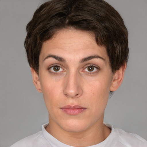 Neutral white young-adult female with short  brown hair and brown eyes