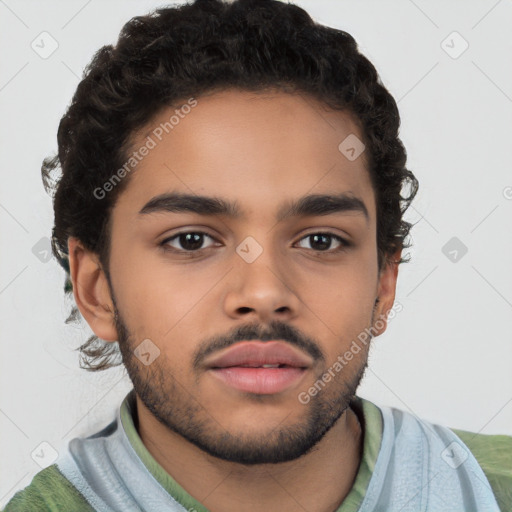 Neutral latino young-adult male with short  brown hair and brown eyes