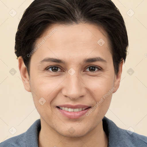 Joyful white young-adult female with short  brown hair and brown eyes