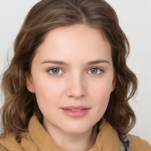 Neutral white young-adult female with medium  brown hair and brown eyes