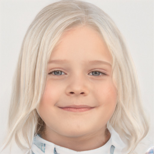 Joyful white child female with medium  blond hair and blue eyes