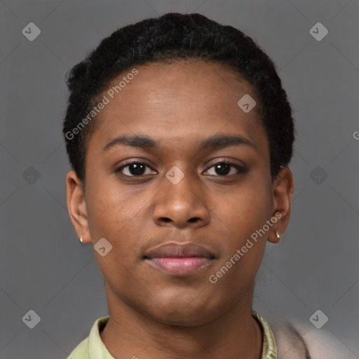 Joyful black young-adult female with short  black hair and brown eyes