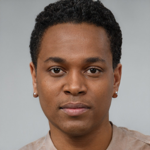 Neutral black young-adult male with short  black hair and brown eyes