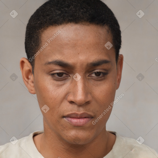 Neutral black young-adult male with short  brown hair and brown eyes