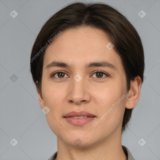 Joyful white young-adult female with medium  brown hair and brown eyes