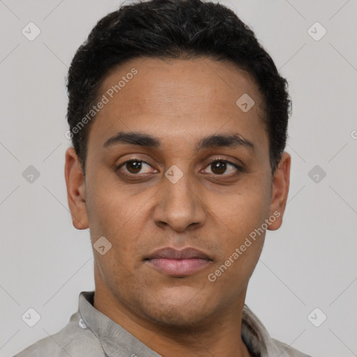 Neutral latino young-adult male with short  black hair and brown eyes