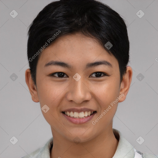 Joyful asian young-adult female with short  black hair and brown eyes