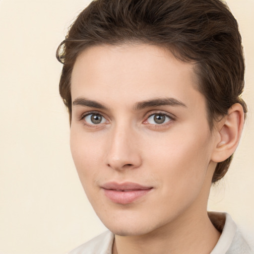 Neutral white young-adult female with medium  brown hair and brown eyes