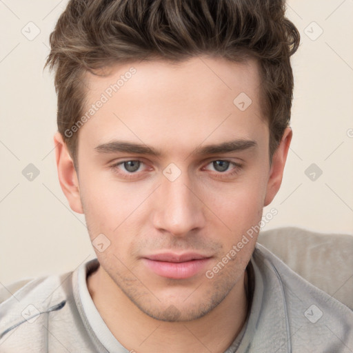 Neutral white young-adult male with short  brown hair and brown eyes