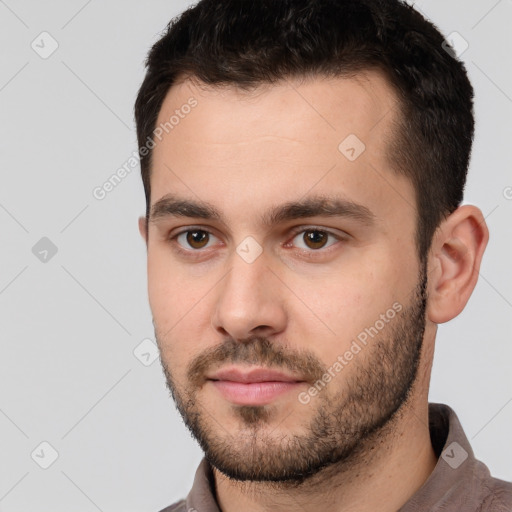 Neutral white young-adult male with short  brown hair and brown eyes