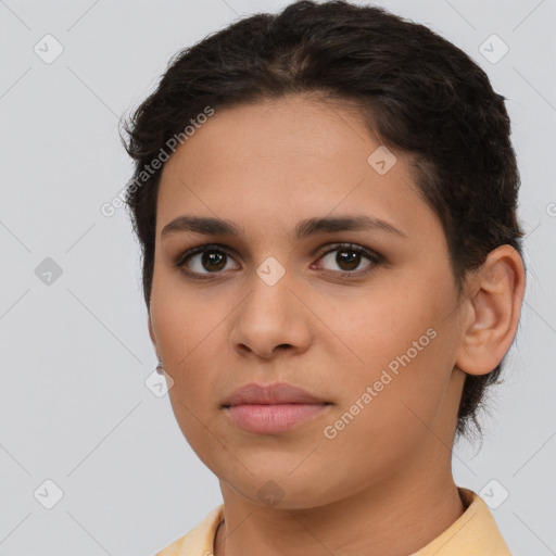 Neutral white young-adult female with short  brown hair and brown eyes