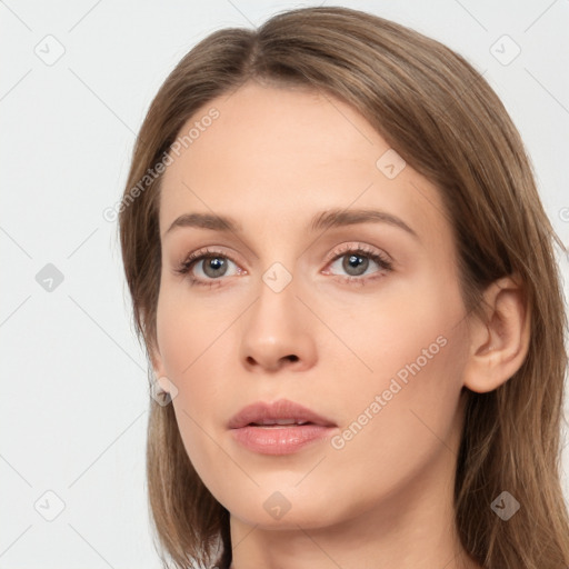 Neutral white young-adult female with long  brown hair and grey eyes