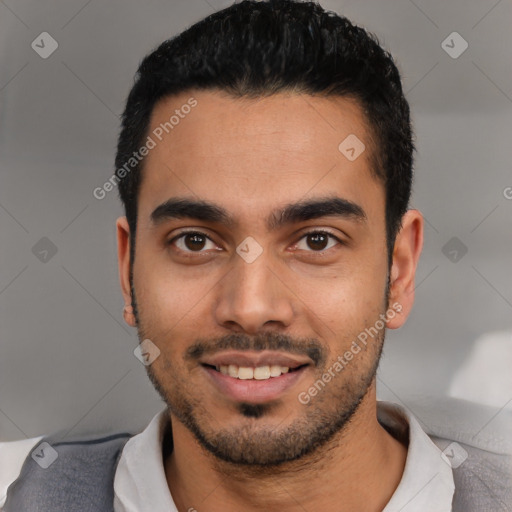 Joyful latino young-adult male with short  black hair and brown eyes