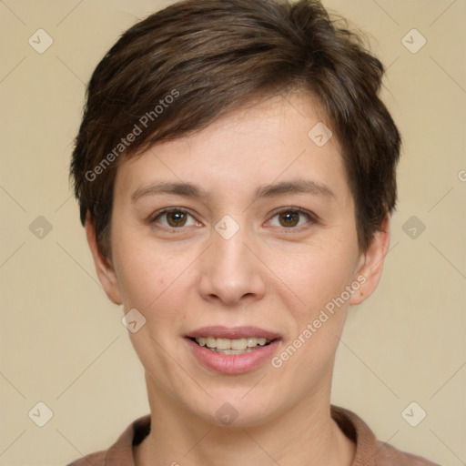 Joyful white young-adult female with short  brown hair and brown eyes