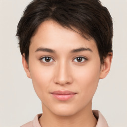 Neutral white young-adult female with short  brown hair and brown eyes