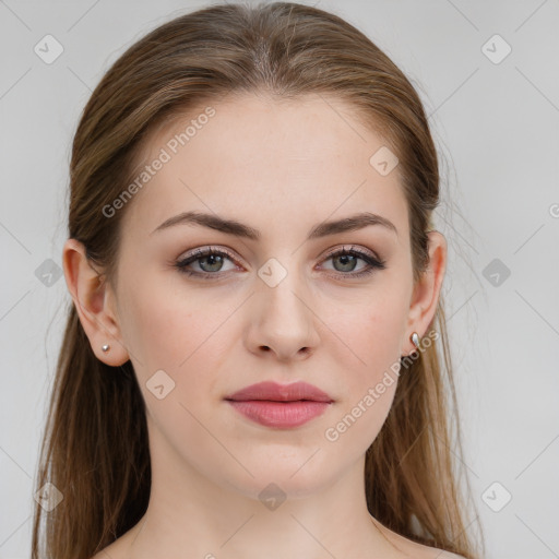 Neutral white young-adult female with long  brown hair and brown eyes