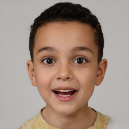 Joyful white child female with short  brown hair and brown eyes