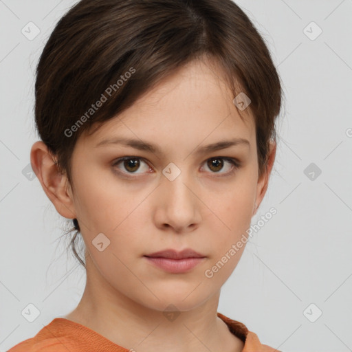 Neutral white young-adult female with short  brown hair and brown eyes