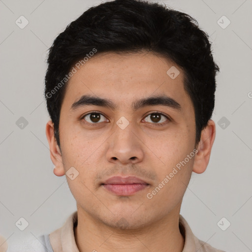 Neutral asian young-adult male with short  black hair and brown eyes