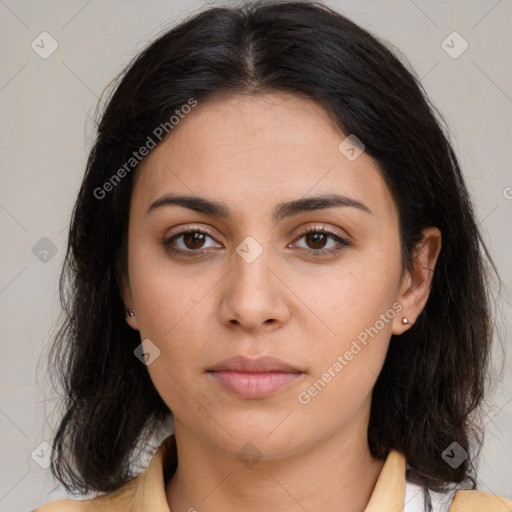 Neutral white young-adult female with medium  brown hair and brown eyes