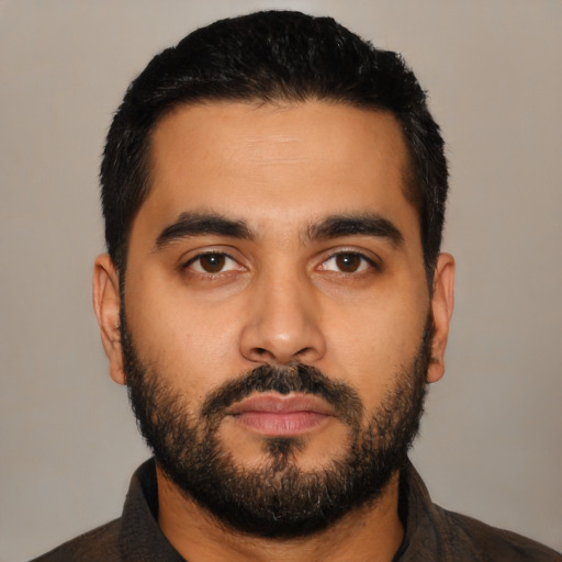 Neutral latino young-adult male with short  black hair and brown eyes