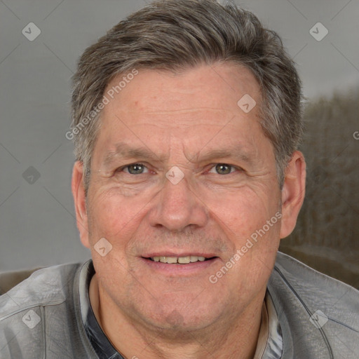 Joyful white middle-aged male with short  brown hair and brown eyes