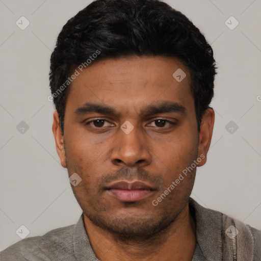 Neutral latino young-adult male with short  black hair and brown eyes