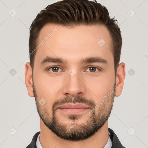 Neutral white young-adult male with short  brown hair and brown eyes