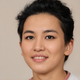 Joyful asian young-adult female with short  brown hair and brown eyes