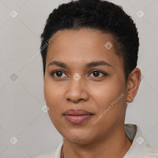 Joyful latino young-adult female with short  brown hair and brown eyes