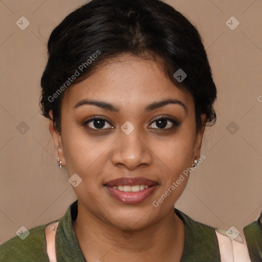 Joyful latino young-adult female with short  brown hair and brown eyes