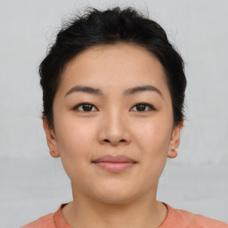 Neutral asian young-adult female with short  brown hair and brown eyes