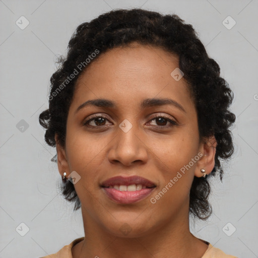 Joyful latino young-adult female with long  black hair and brown eyes