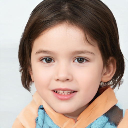 Joyful white child female with medium  brown hair and brown eyes