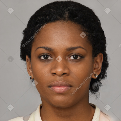 Neutral black young-adult female with short  black hair and brown eyes