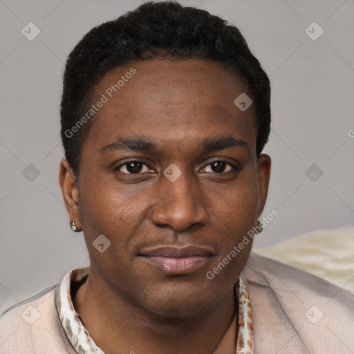 Neutral black young-adult male with short  black hair and brown eyes